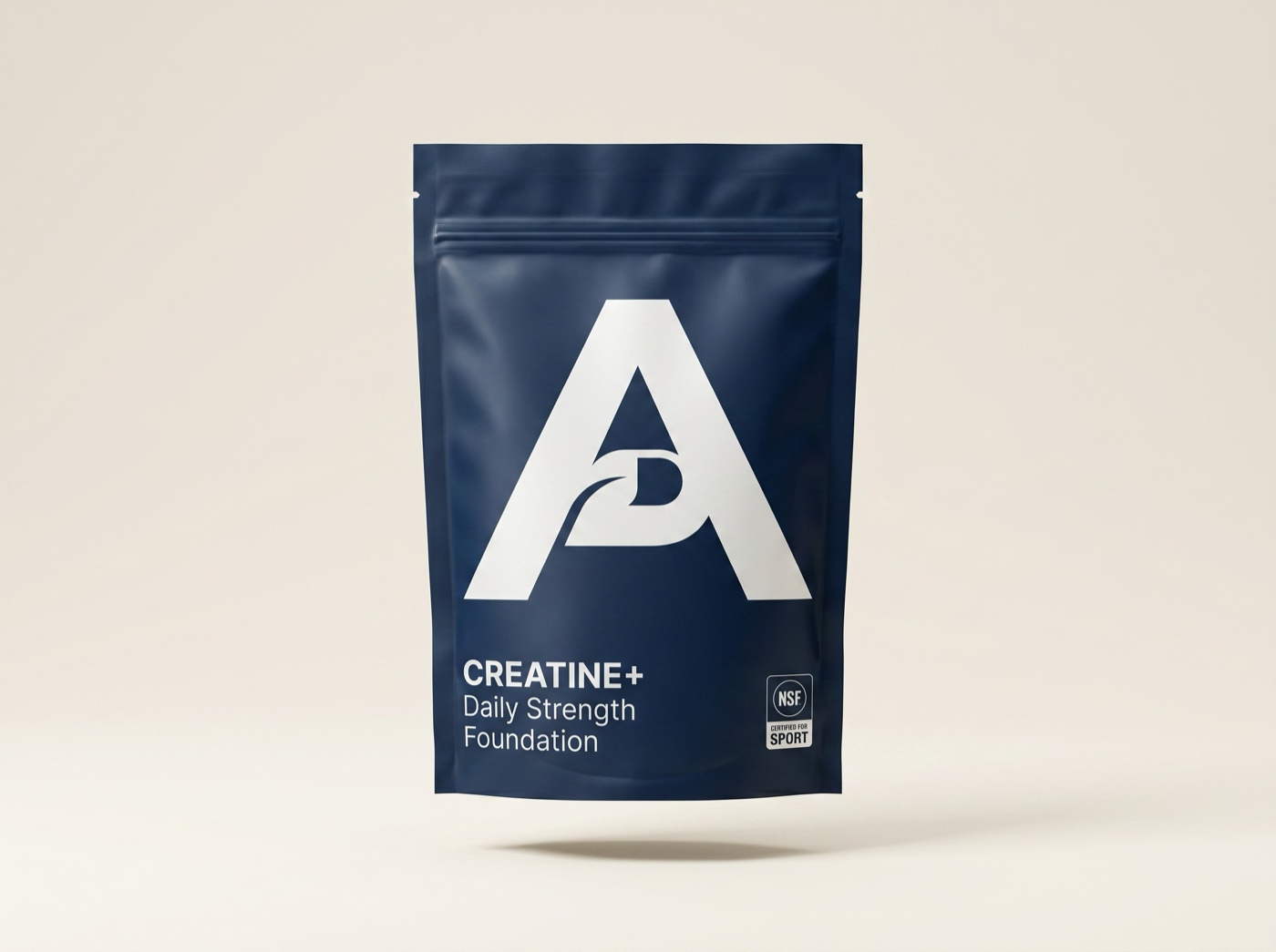 Alutic Creatine+, a navy stand-up pouch with a large white A monogram, photographed on a warm cream backdrop.