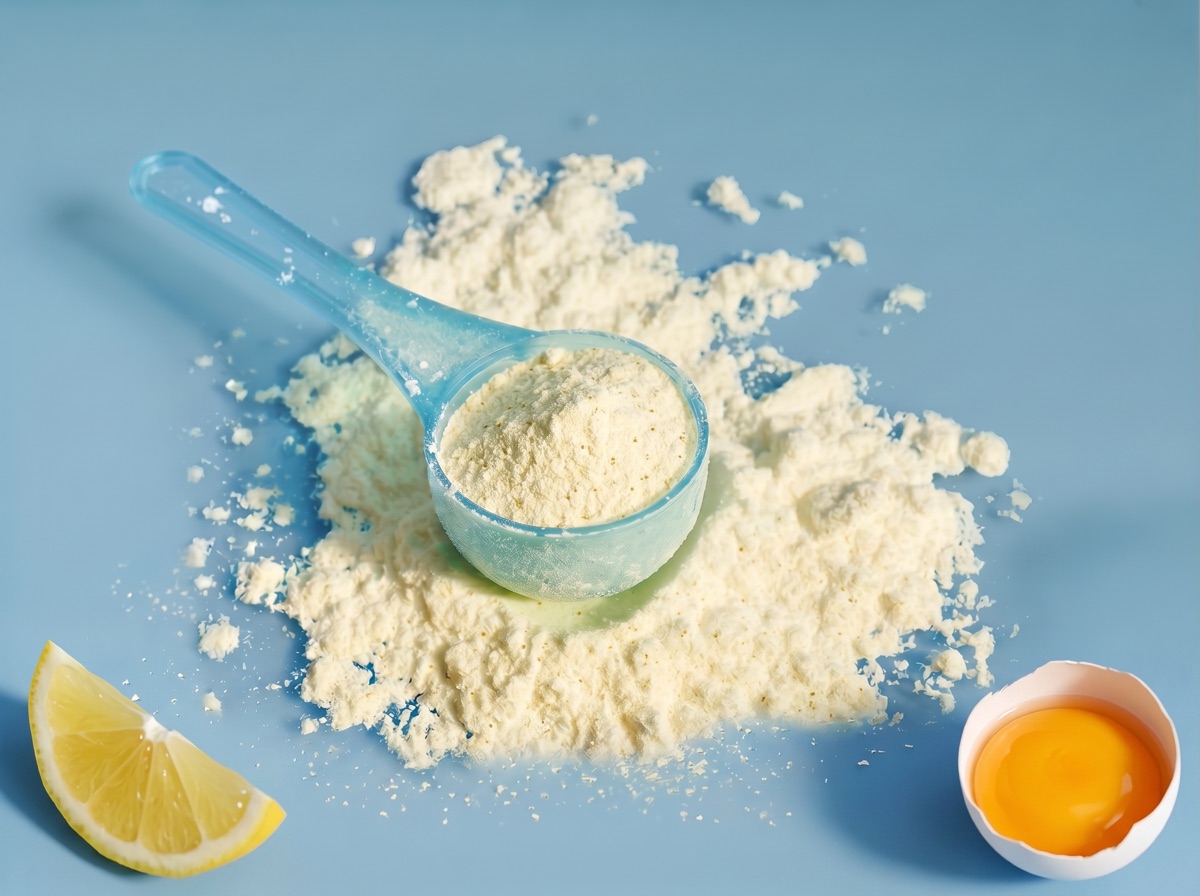 A translucent blue scoop of pale yellow vitamin D3 + K2 powder with a lemon wedge and a cracked egg yolk in a shell at the bottom edge on a muted blue studio background.