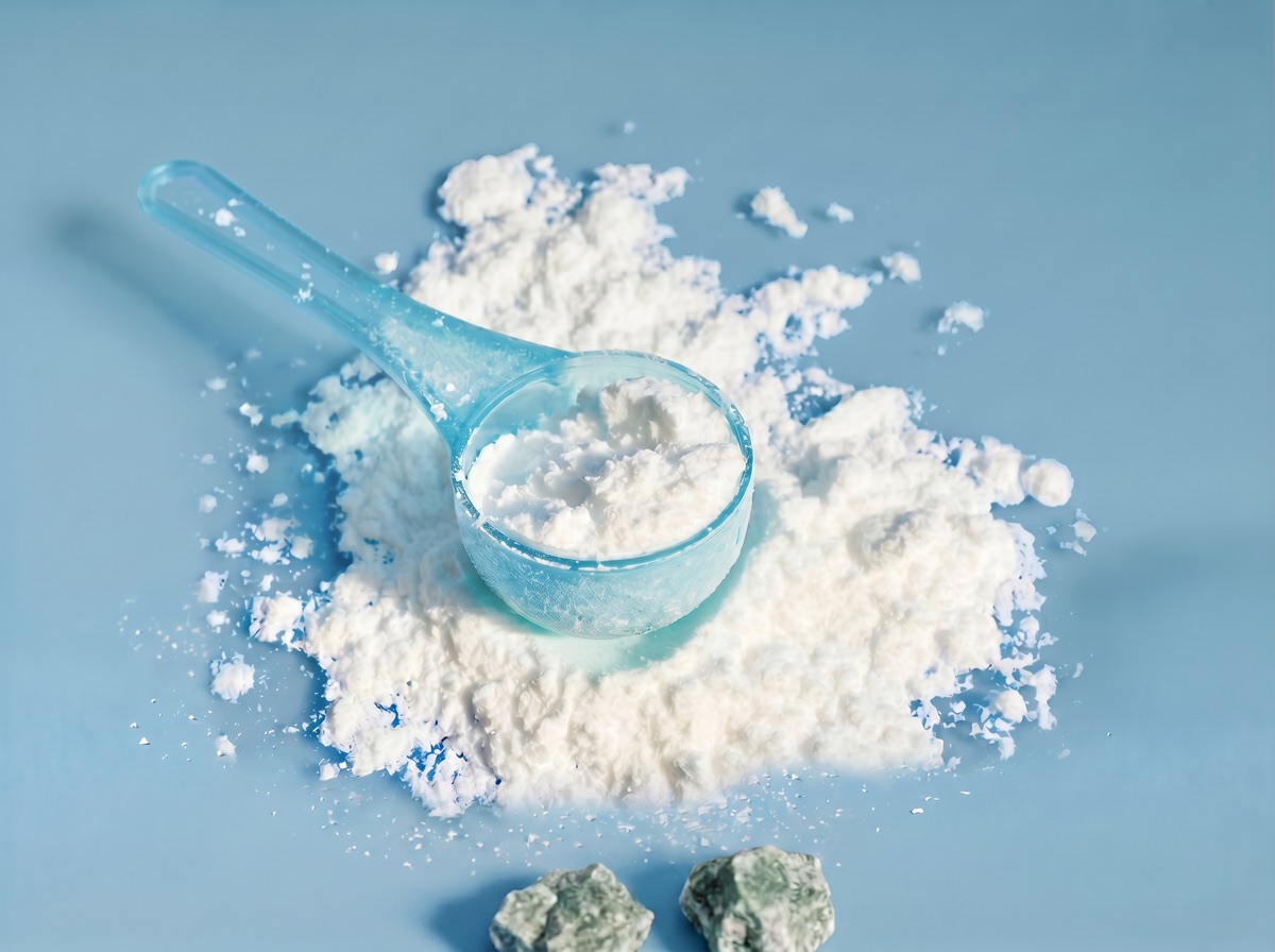 A translucent blue scoop of pure white magnesium bisglycinate powder with chunks of raw magnesium ore at the bottom edge on a muted blue studio background.