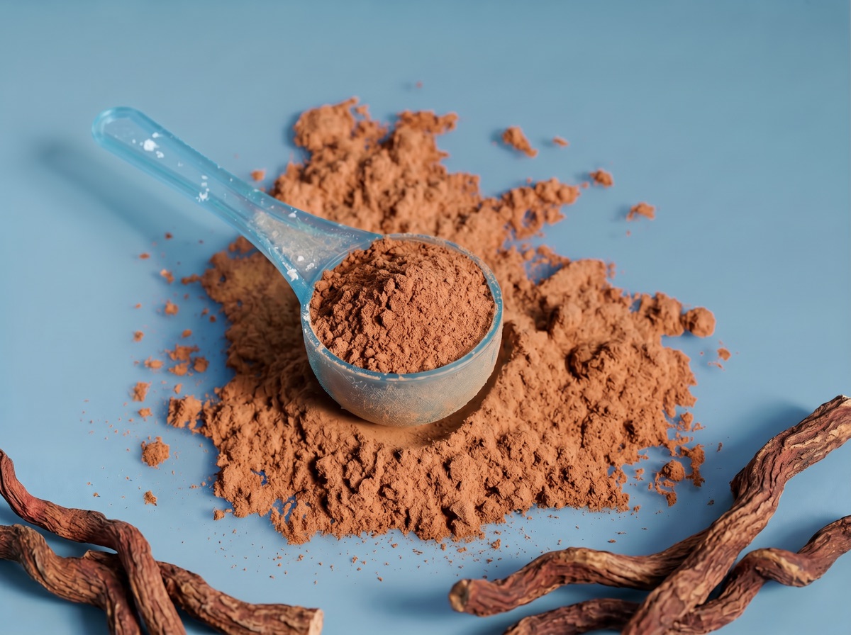 A translucent blue scoop of reddish-brown Tongkat Ali root extract with dried root sections at the bottom edge on a muted blue studio background.