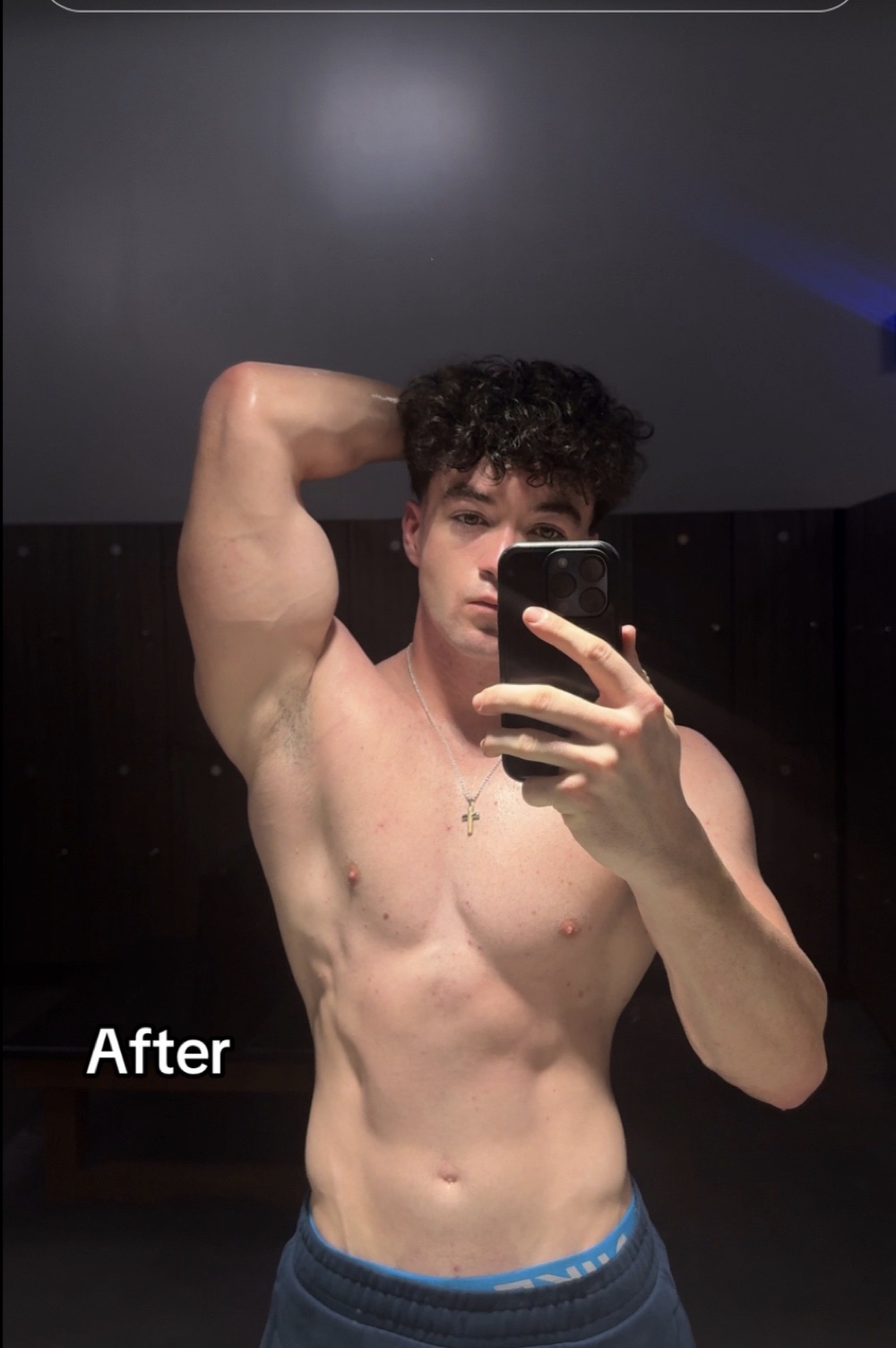 After photo: same man twelve weeks later in a locker room, visibly more developed shoulders, chest and arms.