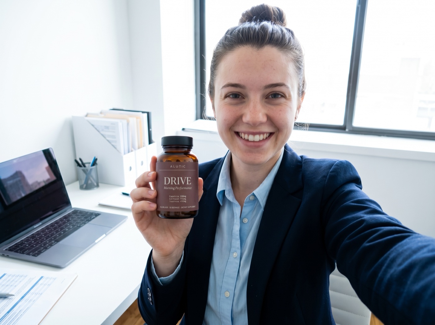 Customer photo: a woman in a blazer at her office desk with an Alutic Daily bottle.