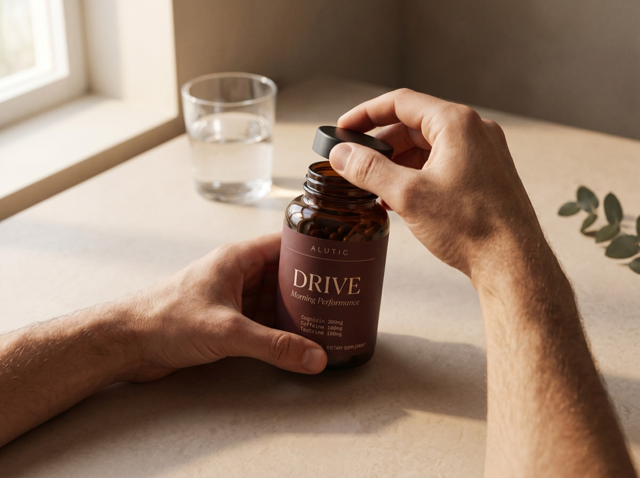 Hands opening the Alutic Drive bottle at a sunlit table beside a glass of water.