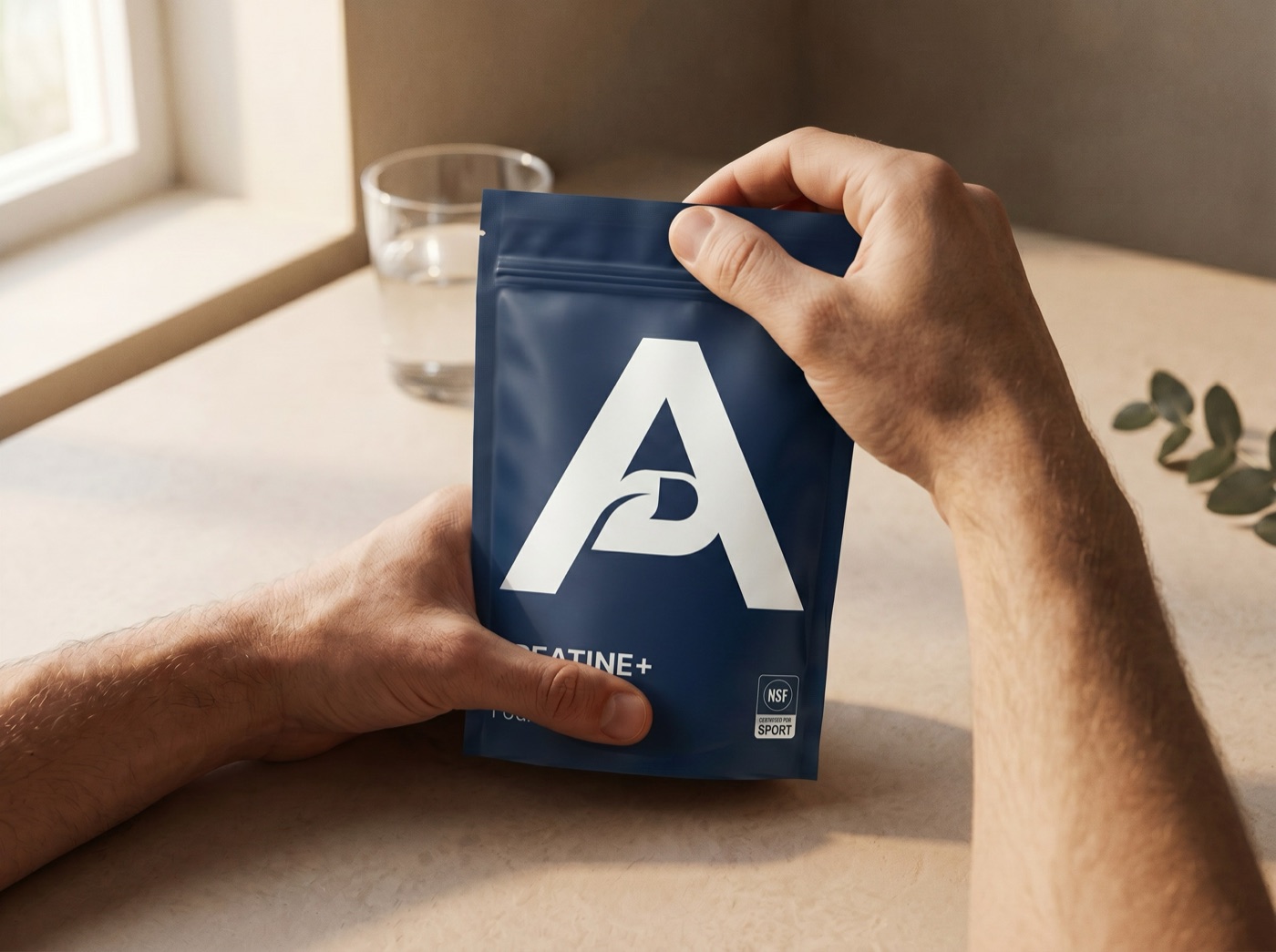 Two hands holding the Alutic Creatine+ pouch at a sunlit table beside a glass of water.