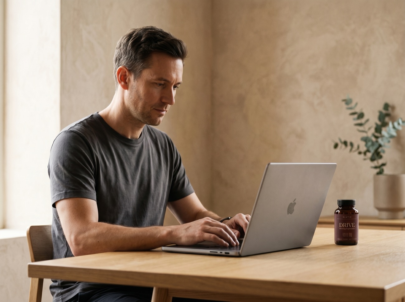 A person working at a laptop in daylight with the Alutic Drive bottle on the desk.