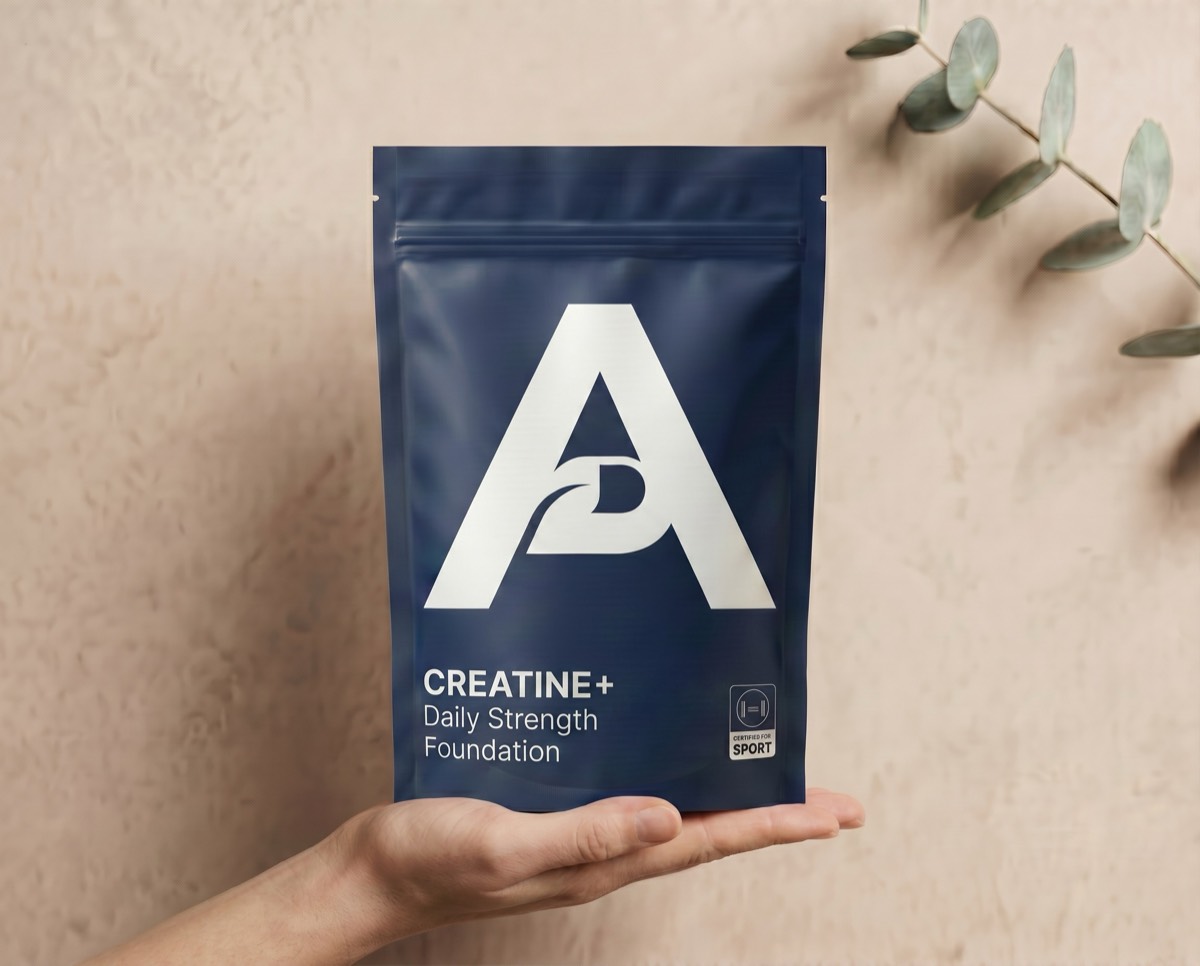 A hand holding the Alutic Creatine+ pouch in front of a warm neutral wall with a eucalyptus sprig.